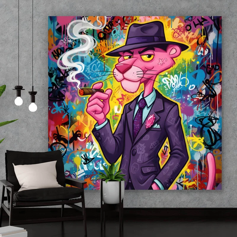 Spannrahmenbild Graffiti Panther raucht Zigarre Quadrat