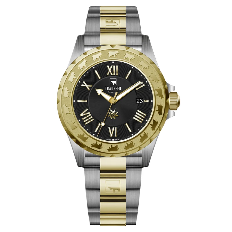 3 Zeiger Stahl Gold Gold Schwarz 43mm