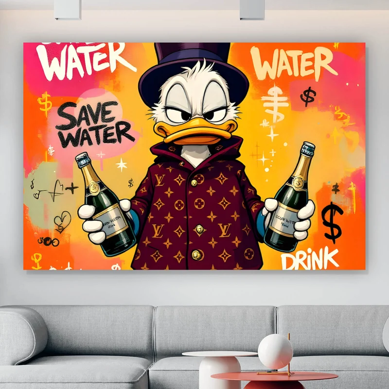 Spannrahmenbild Luxuriöse Ente mit Champagnerflaschen Querformat
