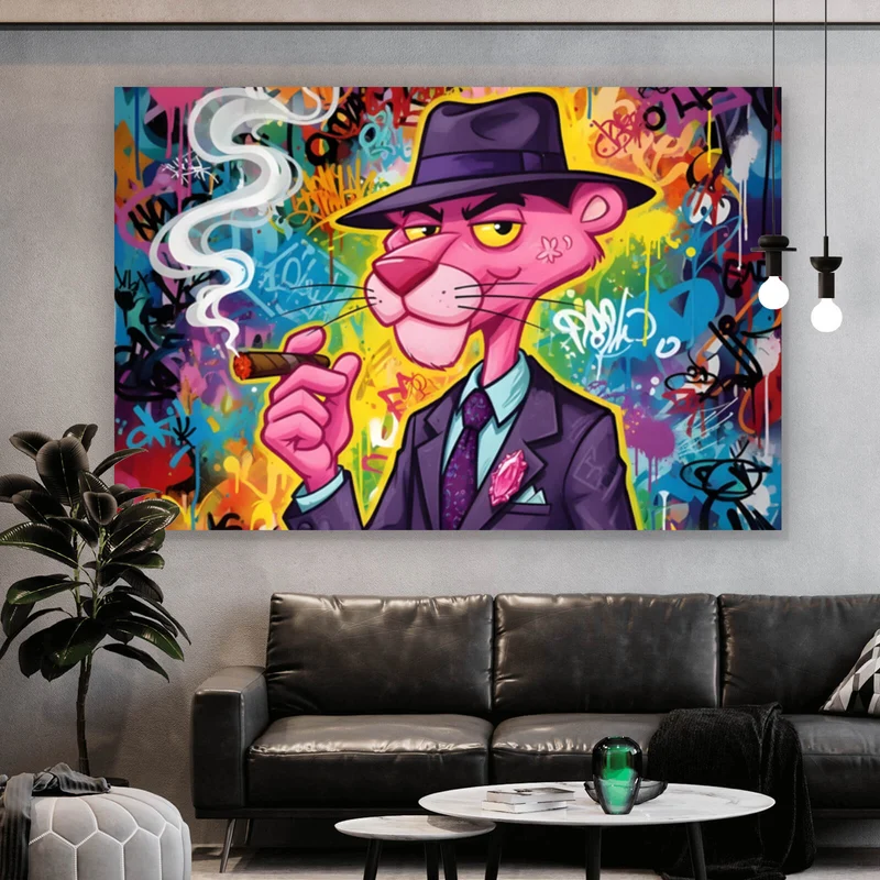 Leinwandbild Graffiti Panther raucht Zigarre Querformat