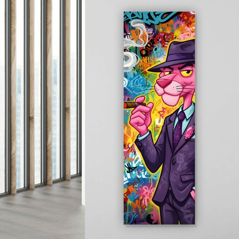 Aluminiumbild Graffiti Panther raucht Zigarre Panorama Hoch