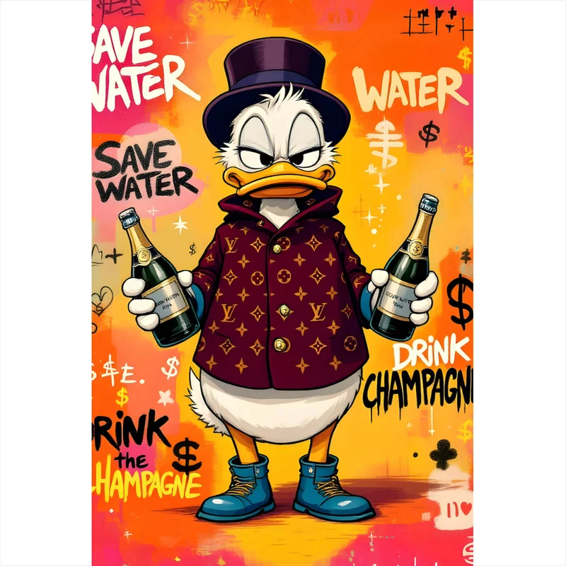 Spannrahmenbild Luxuriöse Ente mit Champagnerflaschen Hochformat