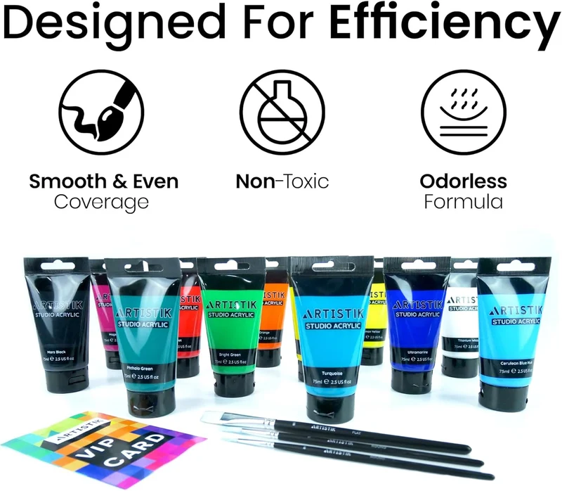ARTISTIK Studio Acrylic Paints - 12 x 75ml Acrylic Paint Tube Set with 3 Brushes - Premium Student Quality Highly-Pigmented Colours Non-Toxic for Canvas, Paper, Wood and More