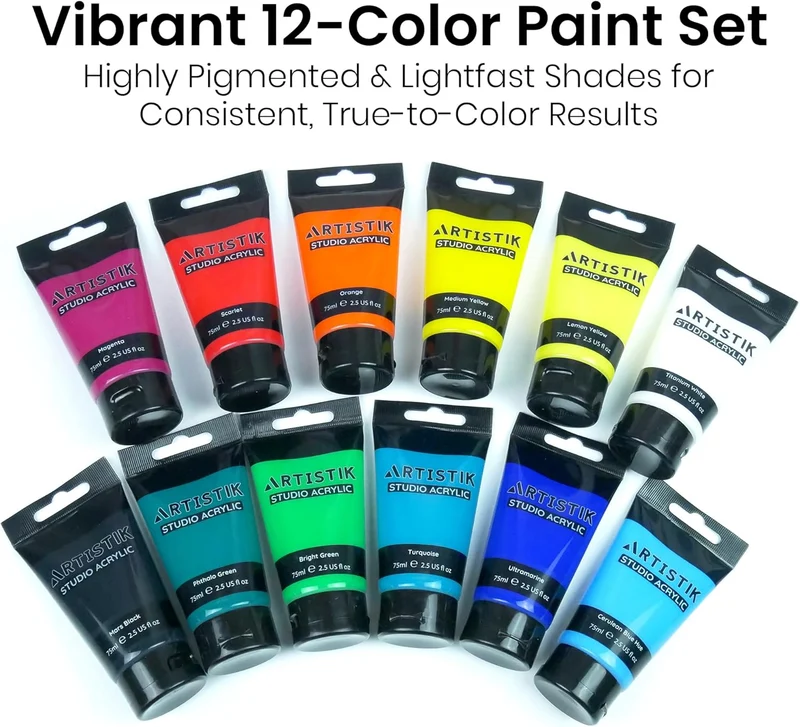 ARTISTIK Studio Acrylic Paints - 12 x 75ml Acrylic Paint Tube Set with 3 Brushes - Premium Student Quality Highly-Pigmented Colours Non-Toxic for Canvas, Paper, Wood and More