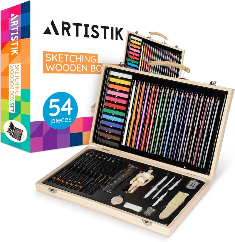 ARTISTIK Sketching Set with Wooden box and Mannequin – 54-Pc Portable Art Kit with Coloring & Sketching Pencils and Artist Accessories for Professionals & Beginners