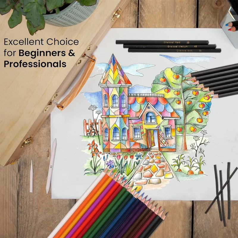 ARTISTIK Sketching Set with Wooden box and Mannequin – 54-Pc Portable Art Kit with Coloring & Sketching Pencils and Artist Accessories for Professionals & Beginners