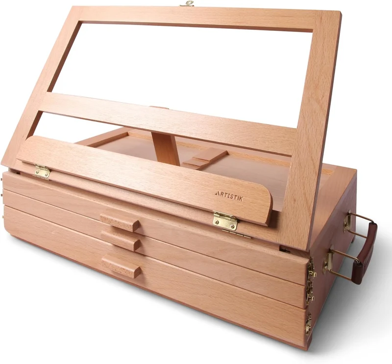 Artistik Table Easel Box with Built-in Storage Drawer, Adjustable Beechwood Storage Desk Easel for Painting – Lightweight, Travel-Ready Design, Ideal for Artists - 3 Draws