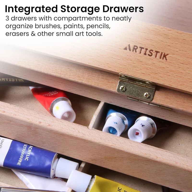 Artistik Table Easel Box with Built-in Storage Drawer, Adjustable Beechwood Storage Desk Easel for Painting – Lightweight, Travel-Ready Design, Ideal for Artists - 3 Draws