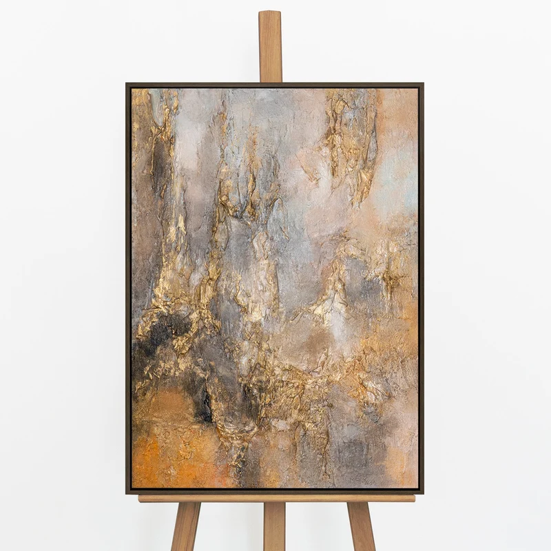 „Goldener Schleier" – Abstraktes Strukturbild handgemalt mit Rahmen, 50x70 cm