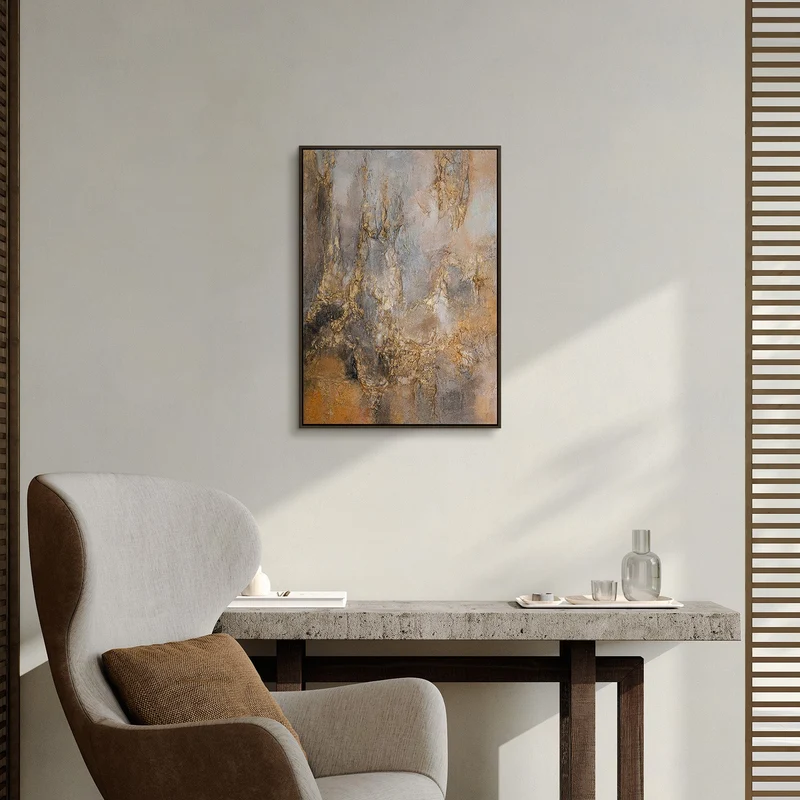 „Goldener Schleier" – Abstraktes Strukturbild handgemalt mit Rahmen, 50x70 cm