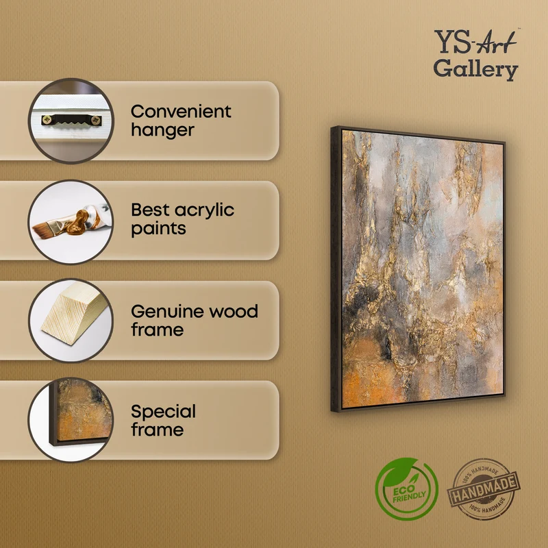 „Goldener Schleier" – Abstraktes Strukturbild handgemalt mit Rahmen, 50x70 cm