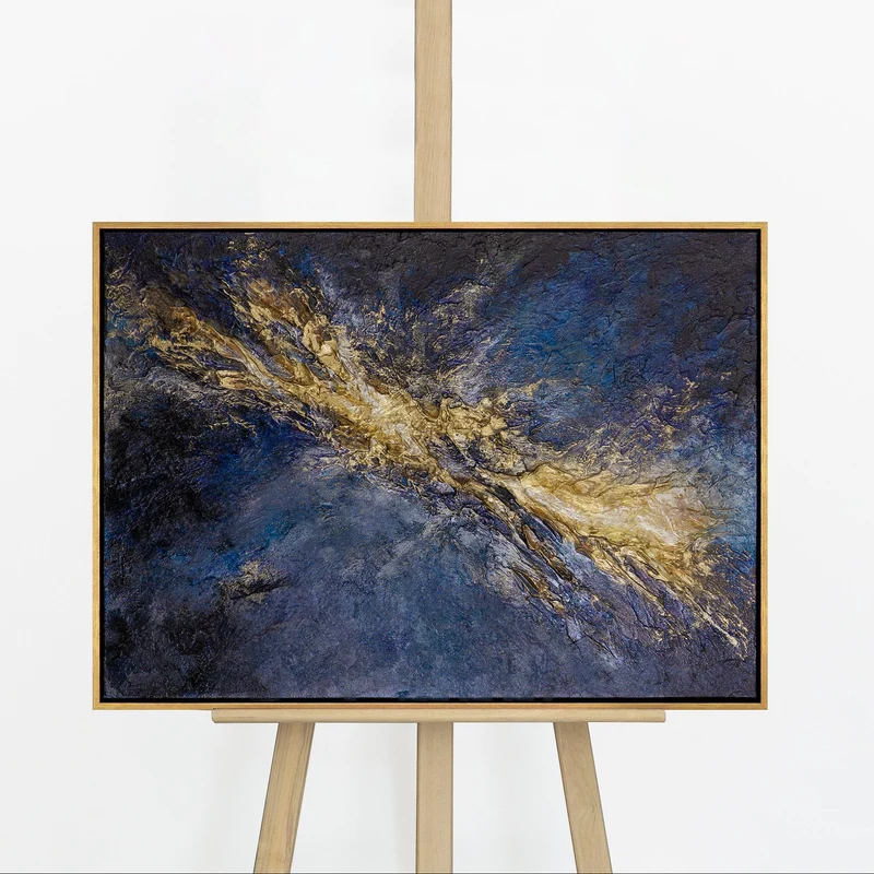 „Silberne Tiefe" – Kosmisches Querformat Gemälde handgemalt mit Rahmen, 50x70 cm