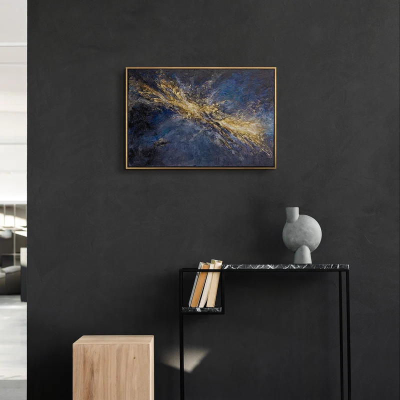 „Silberne Tiefe" – Kosmisches Querformat Gemälde handgemalt mit Rahmen, 50x70 cm