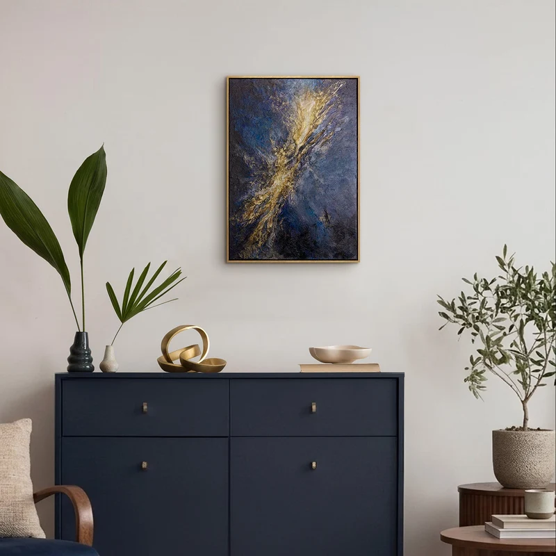 „Silberne Tiefe" – Kosmisches Acrylgemälde handgemalt mit Rahmen, 50x70 cm