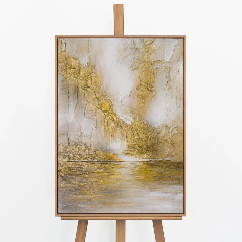 „Sanftes Leuchten" – Goldenes Landschaftsgemälde handgemalt mit Rahmen, 50x70 cm