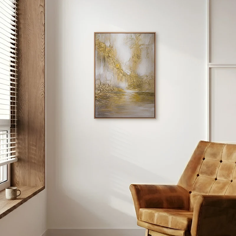 „Sanftes Leuchten" – Goldenes Landschaftsgemälde handgemalt mit Rahmen, 50x70 cm
