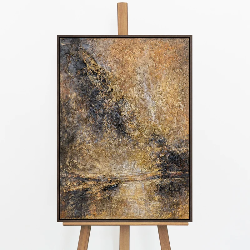 „Goldener Strom" – Abstraktes Acrylgemälde handgemalt mit Rahmen, 50x70 cm