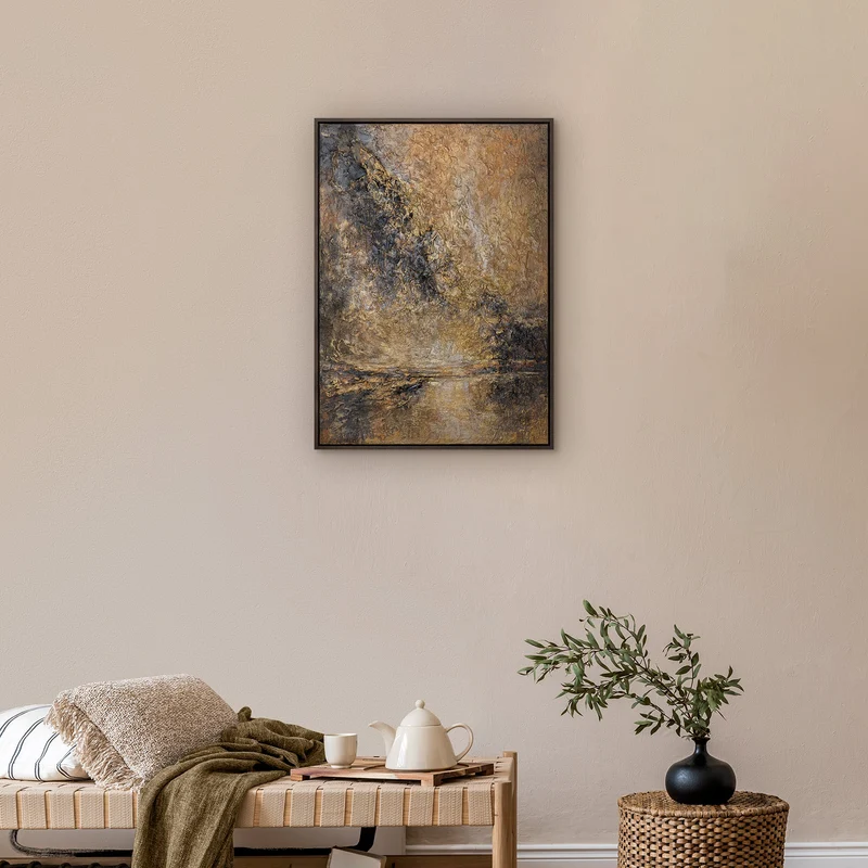 „Goldener Strom" – Abstraktes Acrylgemälde handgemalt mit Rahmen, 50x70 cm