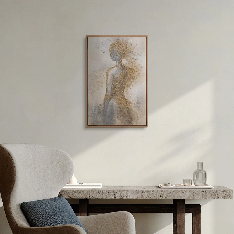 „Goldene Aura" – Figuratives Goldgemälde Frau handgemalt mit Rahmen, 60x40 cm