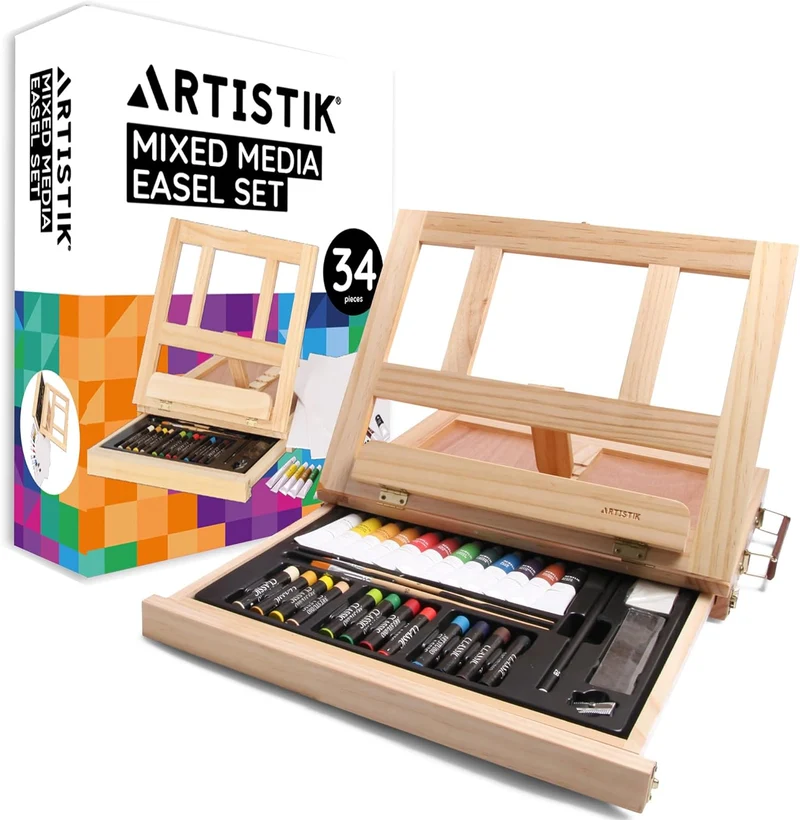 Artistik Mixed Media Easel Art Set – 34-Pc Wooden Desktop Easel Box Paint Set with Acrylic Paints, 3 Canvas Boards & Oil Pastels – Beginners & Artists Painting Kit