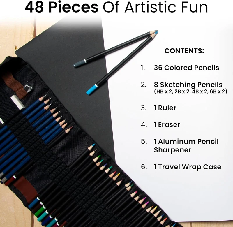 ARTISTIK Colouring Pencils Wrap Set with Vivid Colours – 47-Piece Artist Grade – 3.5mm Coloured Pencils for Adults Colouring Books