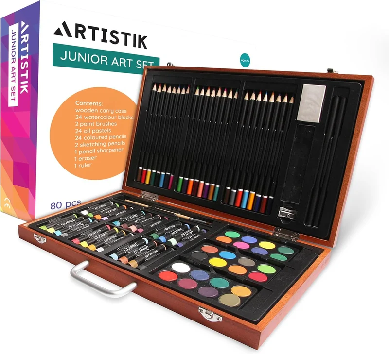 ARTISTIK Junior Art Set – 80-Piece Art Set with Wooden Case - Watercolour Painting, Colouring, and Drawing Kit