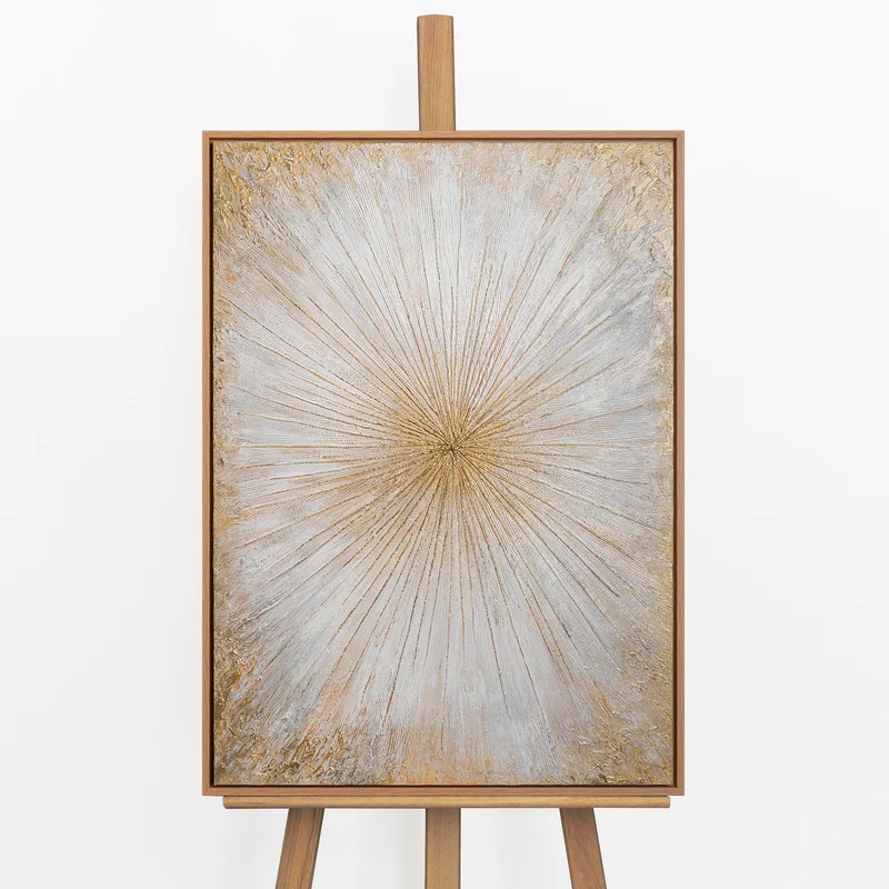 „Sonnenstrahlen" – Abstraktes Goldgemälde handgemalt mit Rahmen, 50x70 cm Hochformat