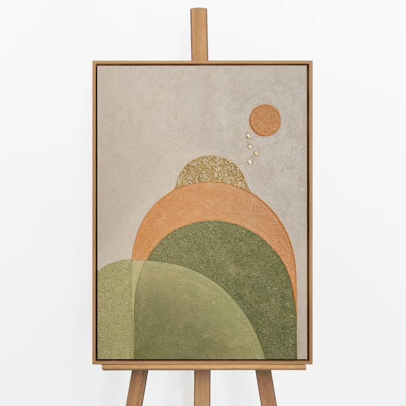 „Stille Sphäre" – Geometrisches Boho Gemälde handgemalt mit Rahmen, 50x70 cm Hochformat