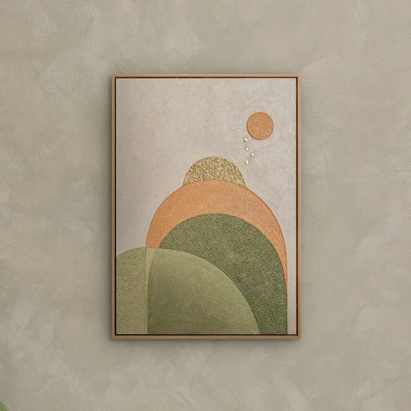 „Stille Sphäre" – Geometrisches Boho Gemälde handgemalt mit Rahmen, 50x70 cm Hochformat