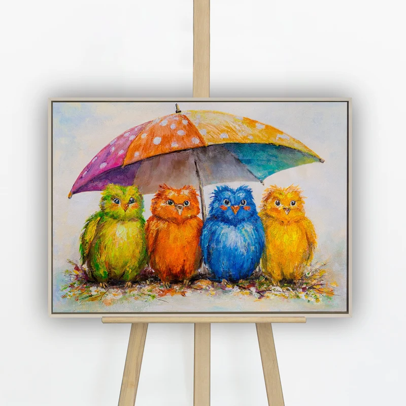 „Bunte Vögel" – Lustiges Kinderzimmer Wandbild handgemalt mit Rahmen, 50x70 cm