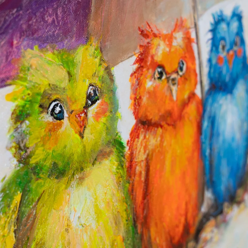 „Bunte Vögel" – Lustiges Kinderzimmer Wandbild handgemalt mit Rahmen, 50x70 cm
