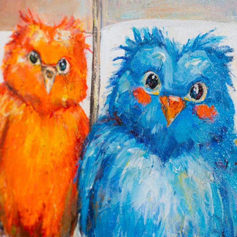 „Bunte Vögel" – Lustiges Kinderzimmer Wandbild handgemalt mit Rahmen, 50x70 cm