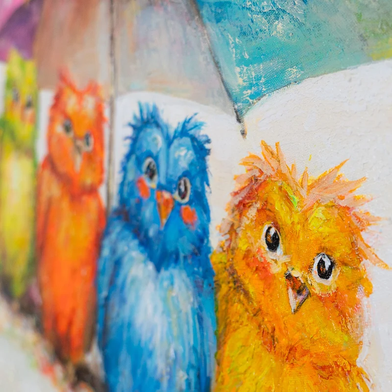 „Bunte Vögel" – Lustiges Kinderzimmer Wandbild handgemalt mit Rahmen, 50x70 cm