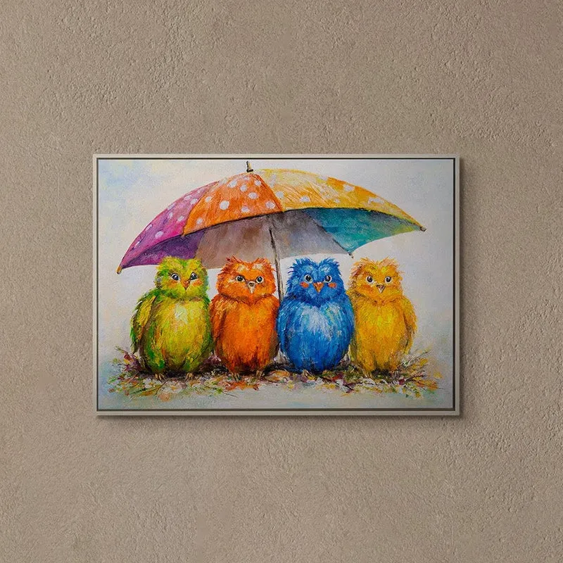 „Bunte Vögel" – Lustiges Kinderzimmer Wandbild handgemalt mit Rahmen, 50x70 cm