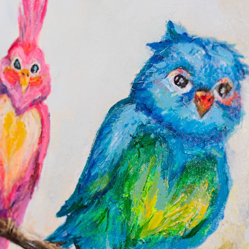„Vogelgesellschaft" – Buntes Vogelbild handgemalt mit Rahmen, 50x70 cm