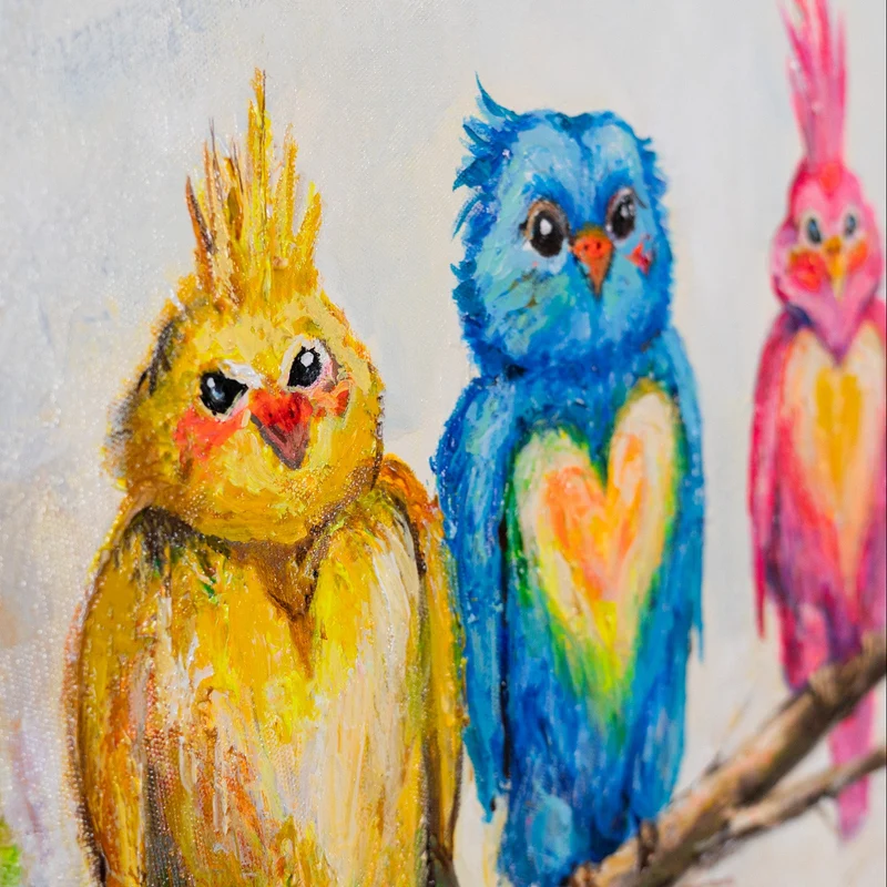 „Vogelgesellschaft" – Buntes Vogelbild handgemalt mit Rahmen, 50x70 cm