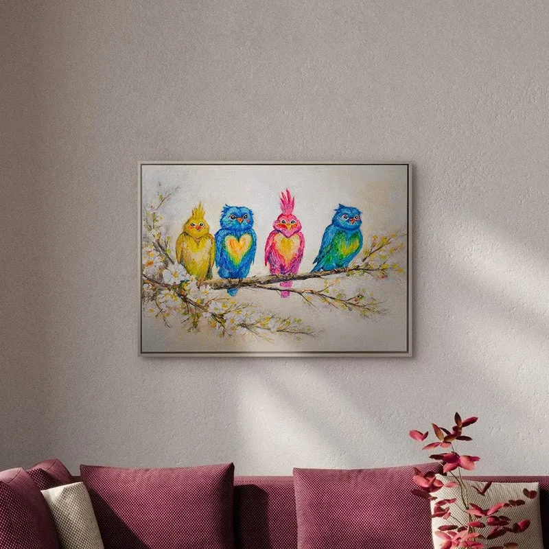 „Vogelgesellschaft" – Buntes Vogelbild handgemalt mit Rahmen, 50x70 cm
