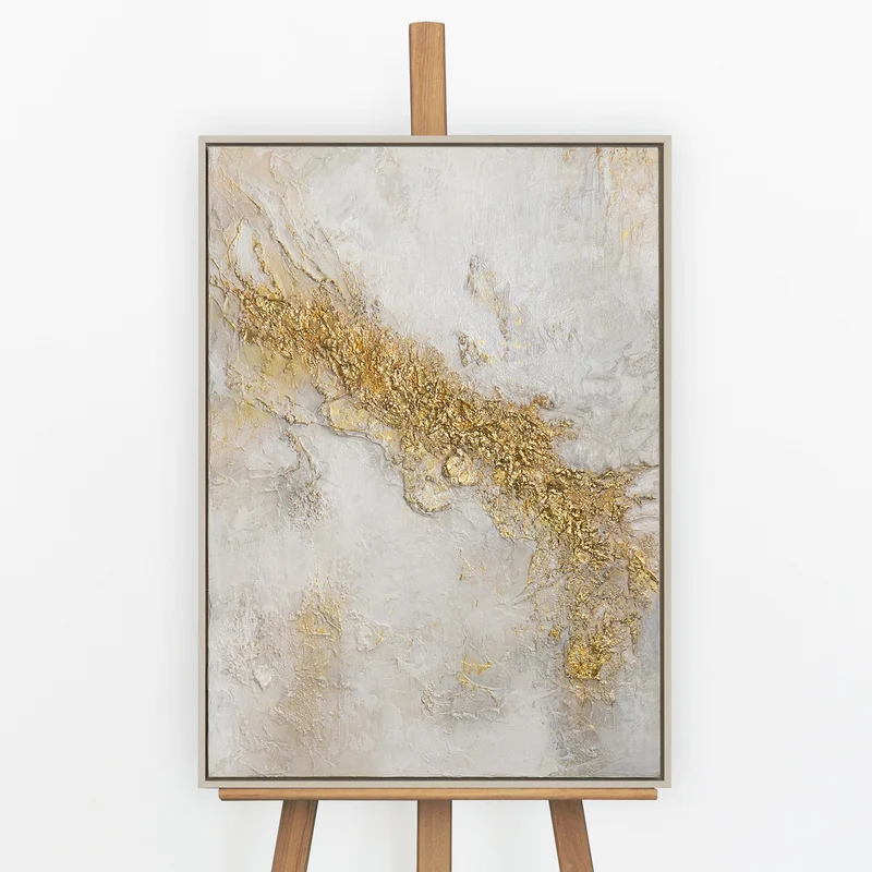 „Lichtspalte" – Abstraktes Weiß Gold Gemälde handgemalt mit Rahmen, 50x70 cm