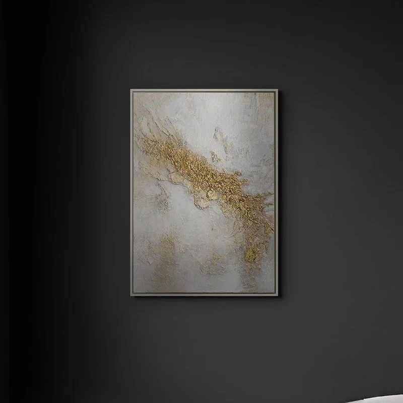„Lichtspalte" – Abstraktes Weiß Gold Gemälde handgemalt mit Rahmen, 50x70 cm