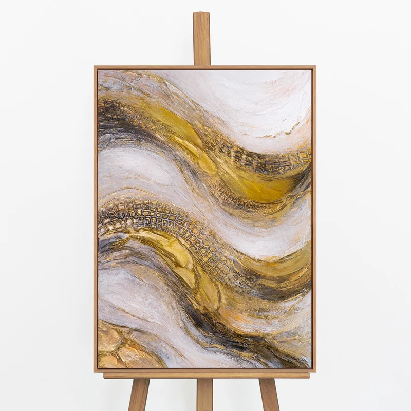 „Goldene Wellen" – Abstraktes Goldgemälde handgemalt mit Holzrahmen, 50x70 cm