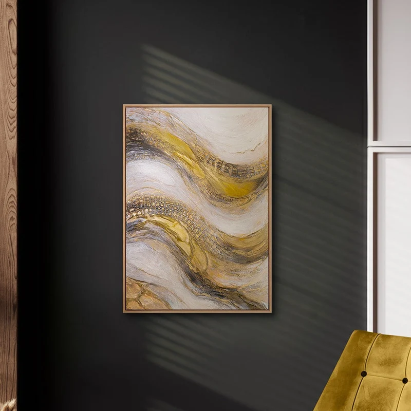„Goldene Wellen" – Abstraktes Goldgemälde handgemalt mit Holzrahmen, 50x70 cm