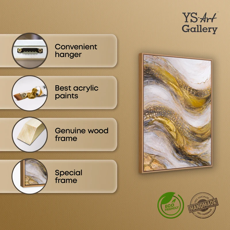 „Goldene Wellen" – Abstraktes Goldgemälde handgemalt mit Holzrahmen, 50x70 cm