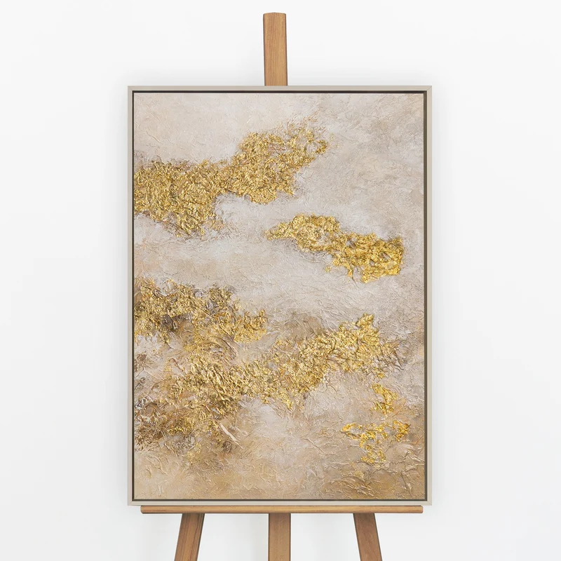 „Goldene Wolken" – Abstraktes Beige Gold Gemälde handgemalt mit Rahmen, 50x70 cm