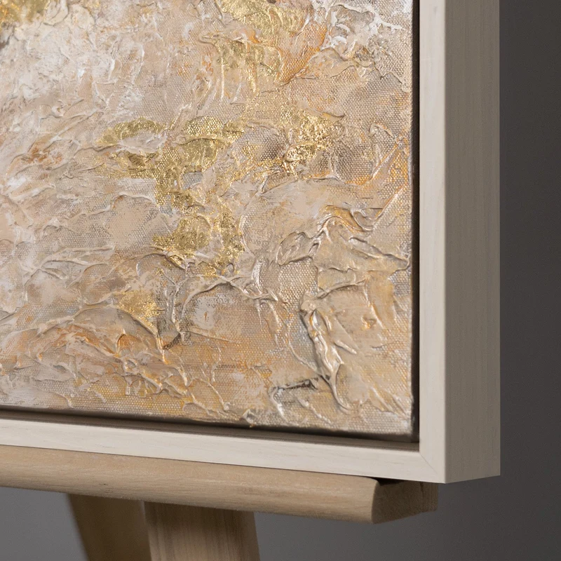 „Goldene Wolken" – Abstraktes Beige Gold Gemälde handgemalt mit Rahmen, 50x70 cm