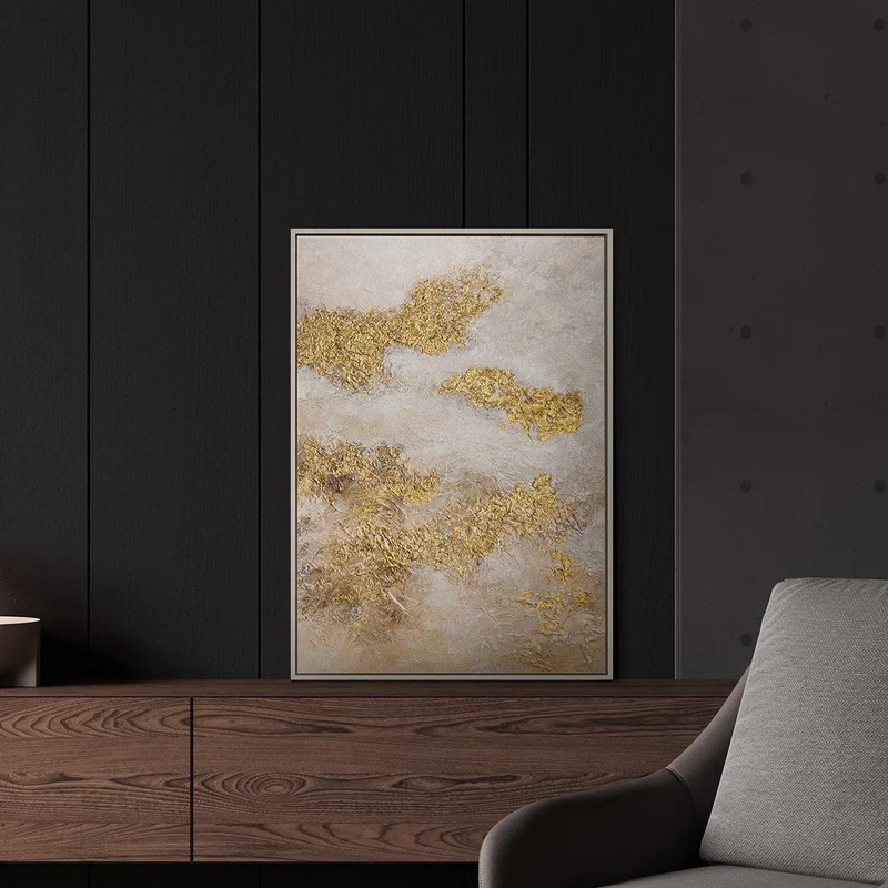 „Goldene Wolken" – Abstraktes Beige Gold Gemälde handgemalt mit Rahmen, 50x70 cm