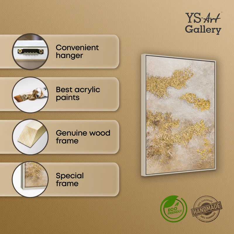 „Goldene Wolken" – Abstraktes Beige Gold Gemälde handgemalt mit Rahmen, 50x70 cm