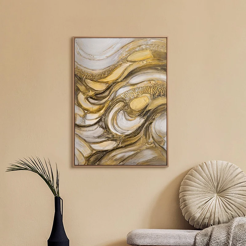 „Texturwirbel" – Abstraktes Goldgemälde handgemalt mit Holzrahmen, 50x70 cm