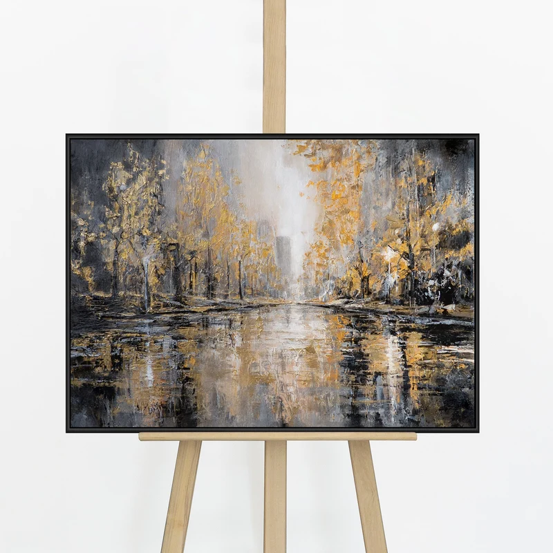 „Herbstpark" – Goldenes Stadtpark Gemälde handgemalt mit Rahmen, 50x70 cm