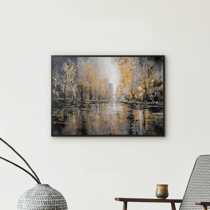„Herbstpark" – Goldenes Stadtpark Gemälde handgemalt mit Rahmen, 50x70 cm