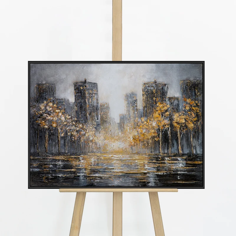 „Lichter der Stadt" – Goldenes Panorama Stadtgemälde handgemalt mit Rahmen, 50x70 cm